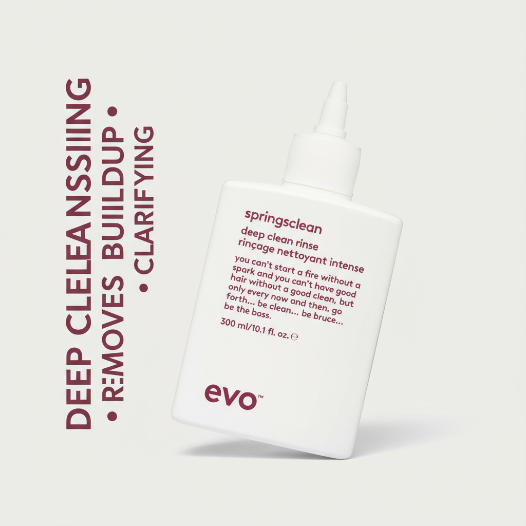 EVO Springsclean Clarifying Rinse shampoo bottle with deep clean rinse and build-up removal