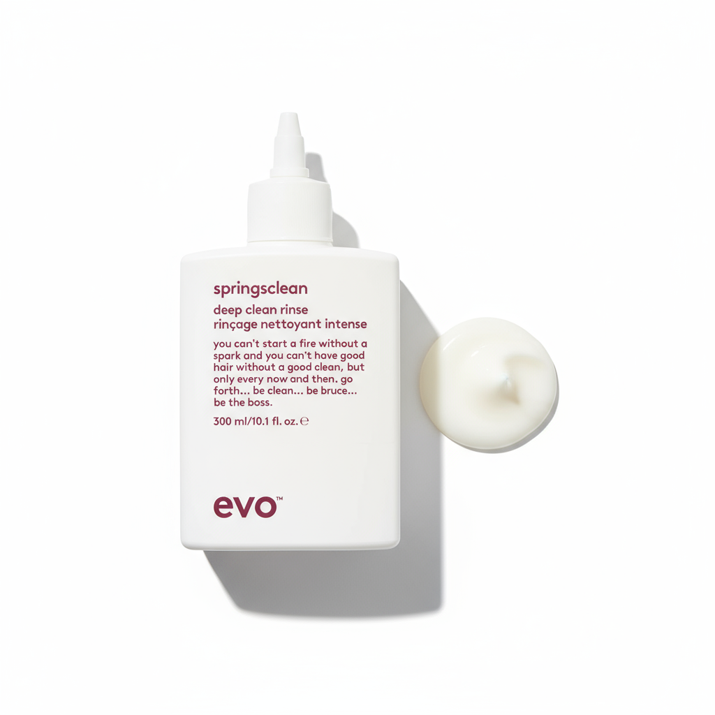 EVO Springsclean Clarifying Rinse shampoo bottle with a cream texture on white background