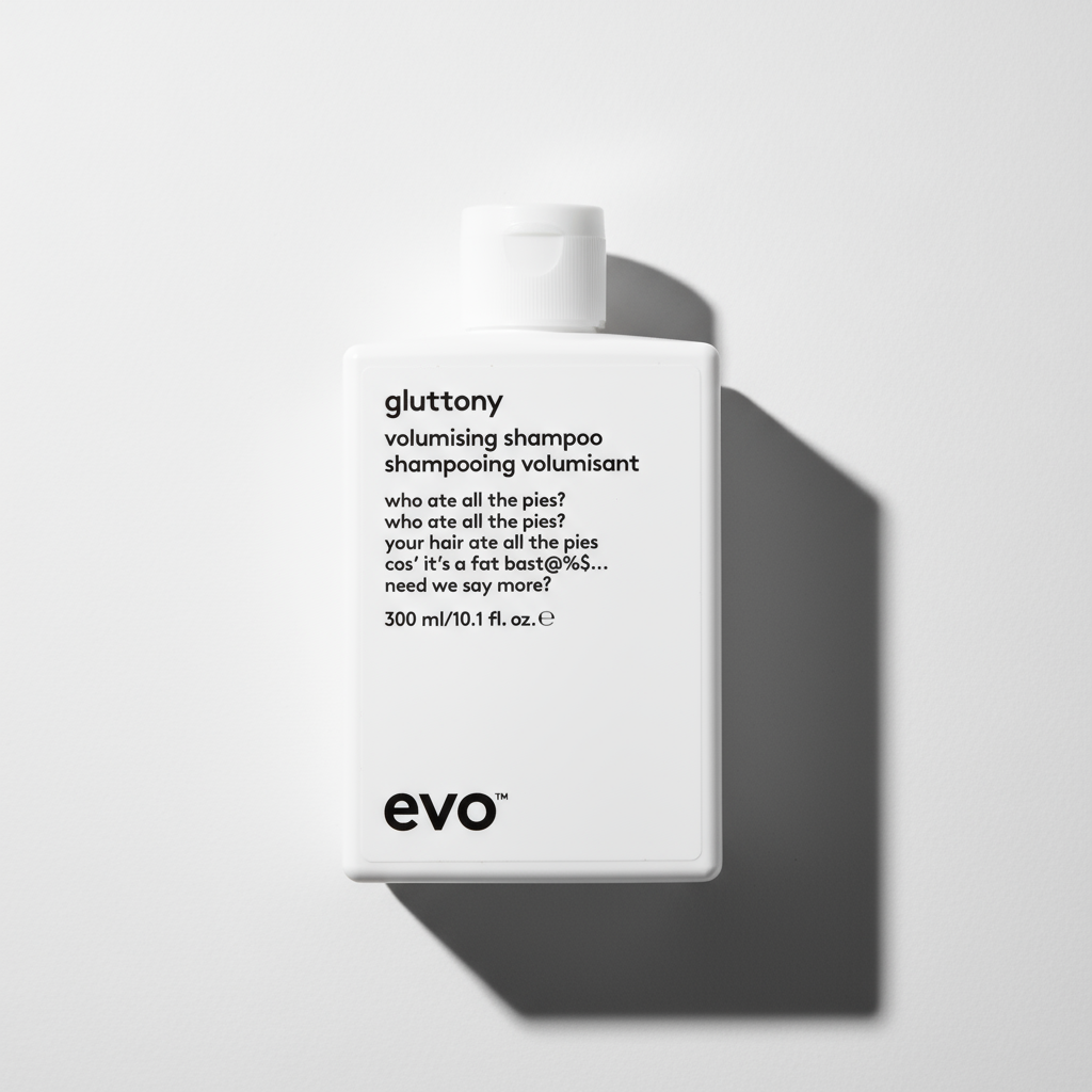 EVO Gluttony Volumising Shampoo in white bottle with minimalist black text for hair volume