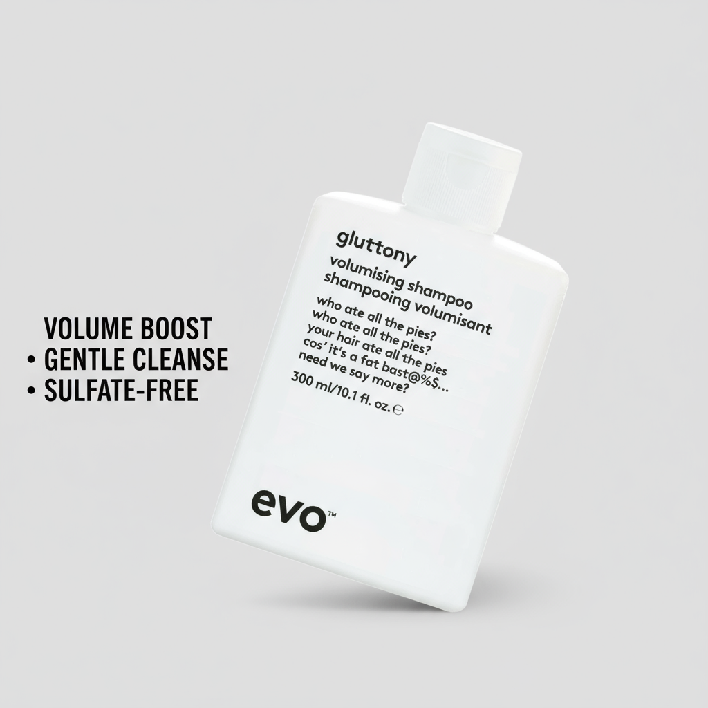 EVO Gluttony Volumising Shampoo white bottle with volume boost gentle cleanse and sulfate free text