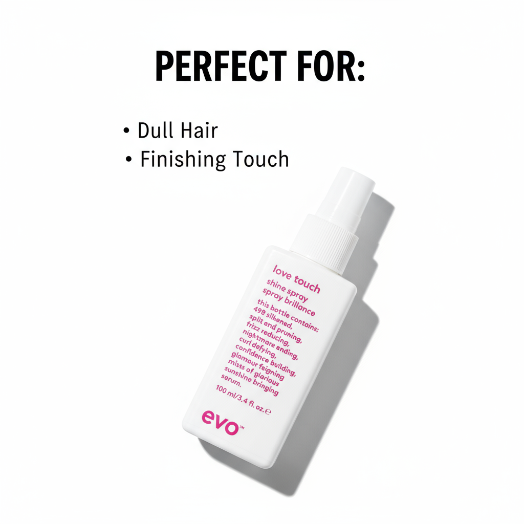 EVO lightweight hair shine spray in white bottle perfect for dull hair and finishing touch