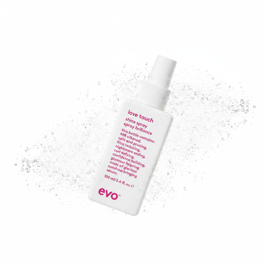 EVO lightweight hair shine spray in white bottle with pink text and fine mist spray