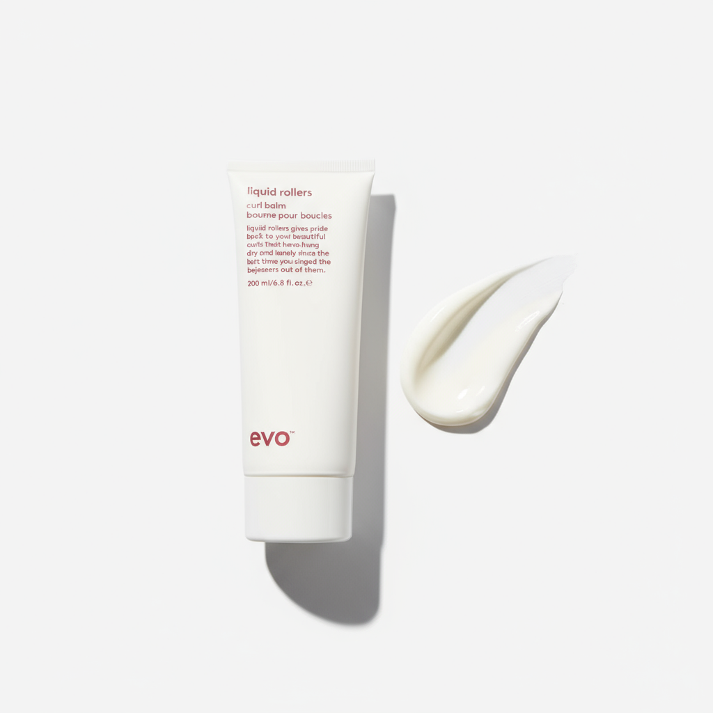 Evo Liquid Rollers Curl Defining Balm tube with cream swatch on white background
