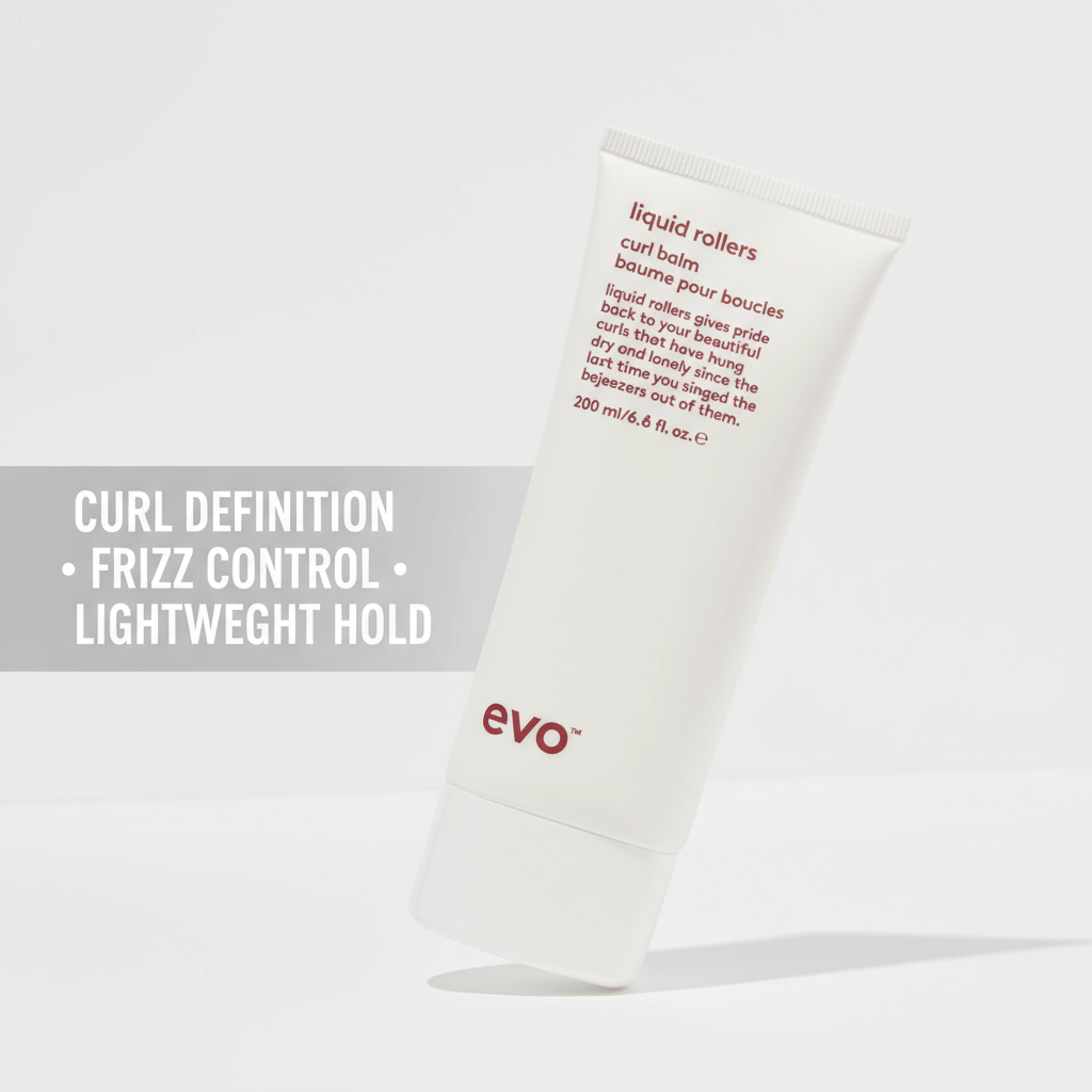 Evo Liquid Rollers Curl Defining Balm tube for curl definition frizz control and lightweight hold
