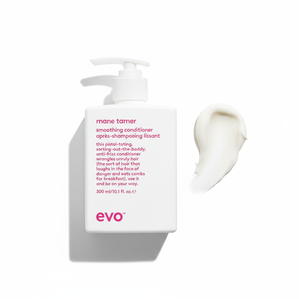 EVO Mane Tamer Smoothing Conditioner bottle with creamy conditioner swatch on white background