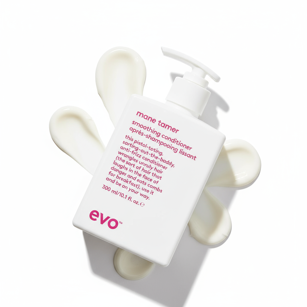 EVO Mane Tamer Smoothing Conditioner in white pump bottle with creamy conditioner swatch background