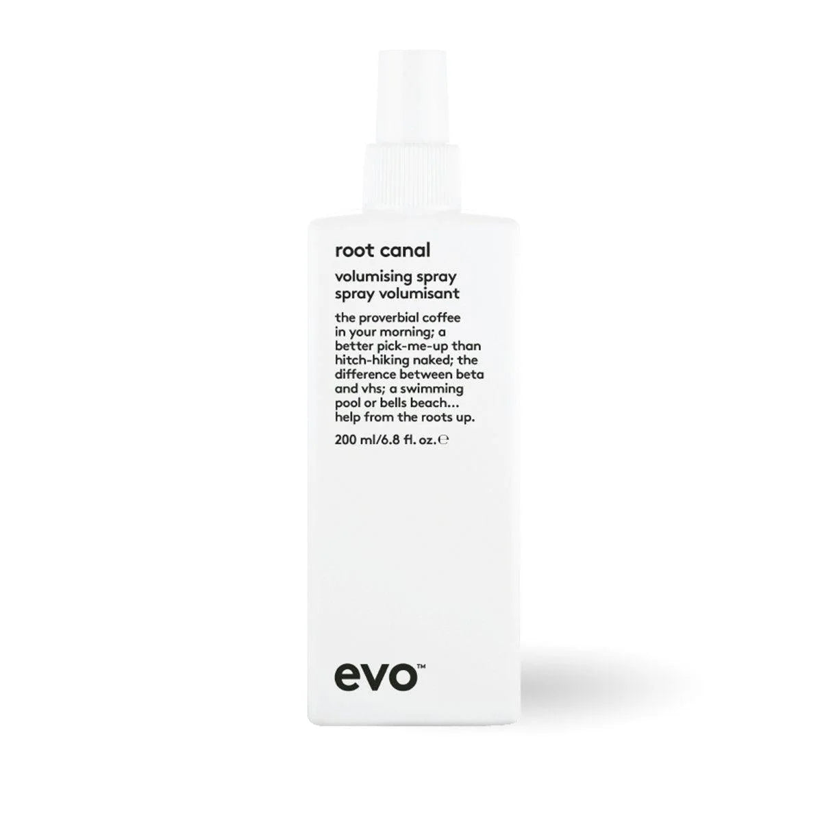 EVO Root Canal Volumizing Styling Spray 200ml bottle with white foam and black & white label