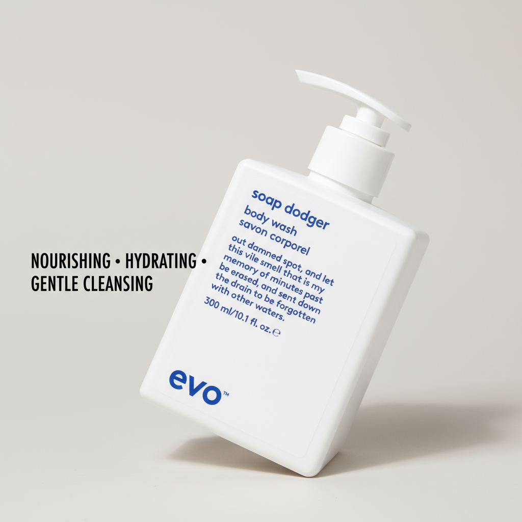EVO Soap Dodger Nourishing Body Wash in white pump bottle with hydrating gentle cleansing formula