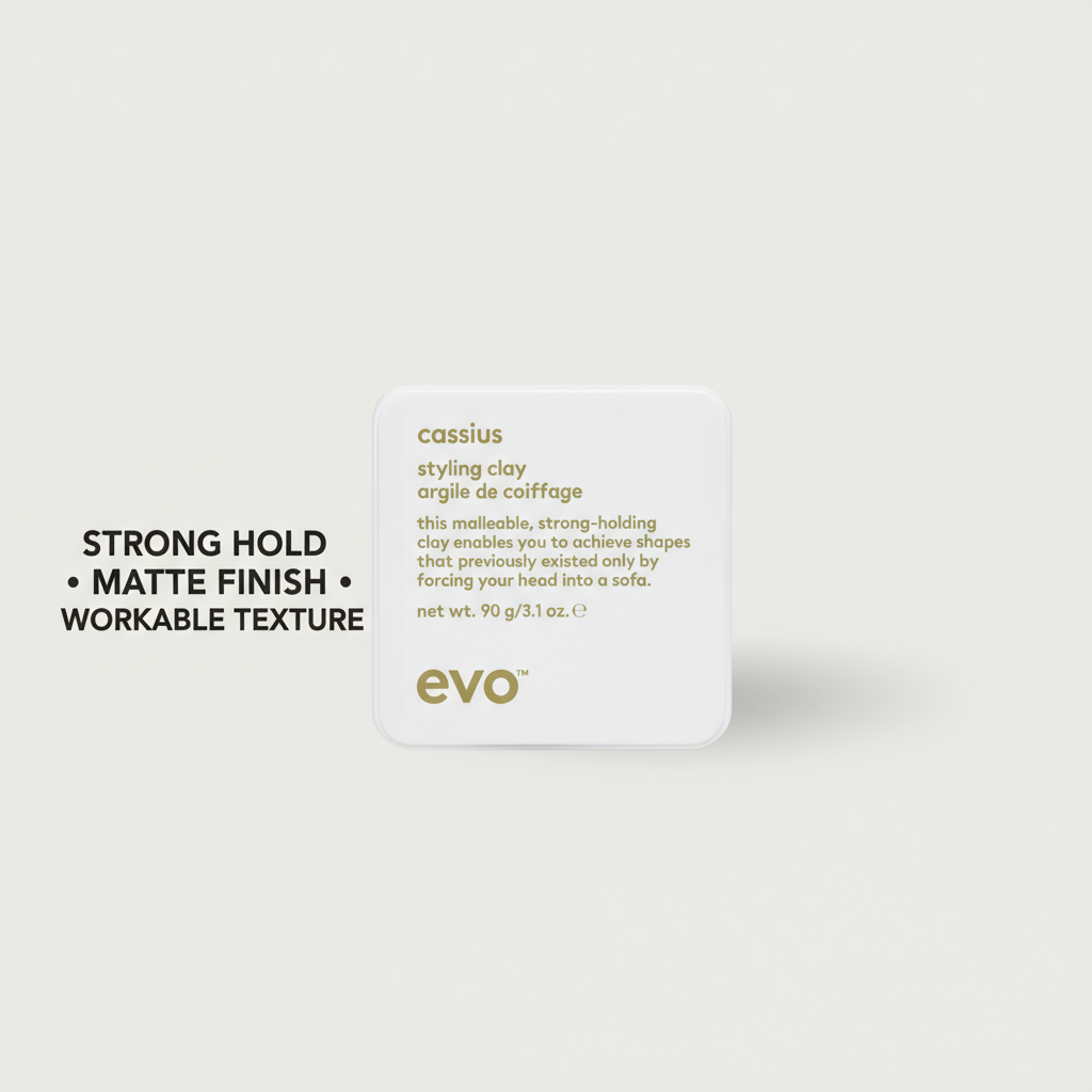 EVO strong hold hair clay for men in white container with matte finish and workable texture