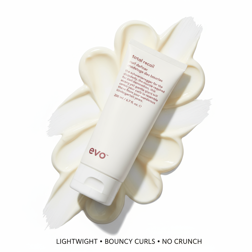 EVO Total Recoil Curl Definer tube on white cream background highlighting lightweight formula for bouncy curls