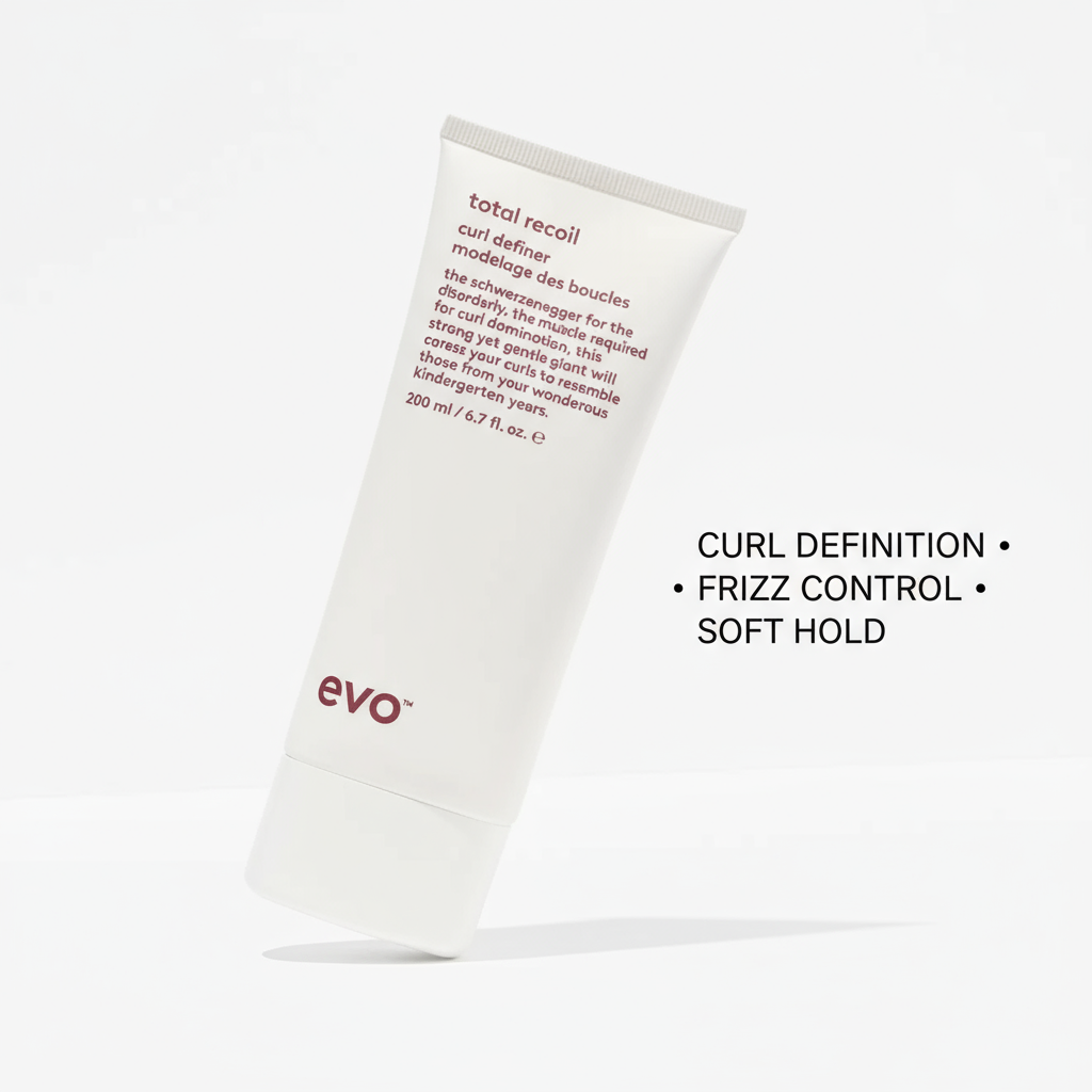EVO Total Recoil Curl Definer tube with curl definition frizz control and soft hold text
