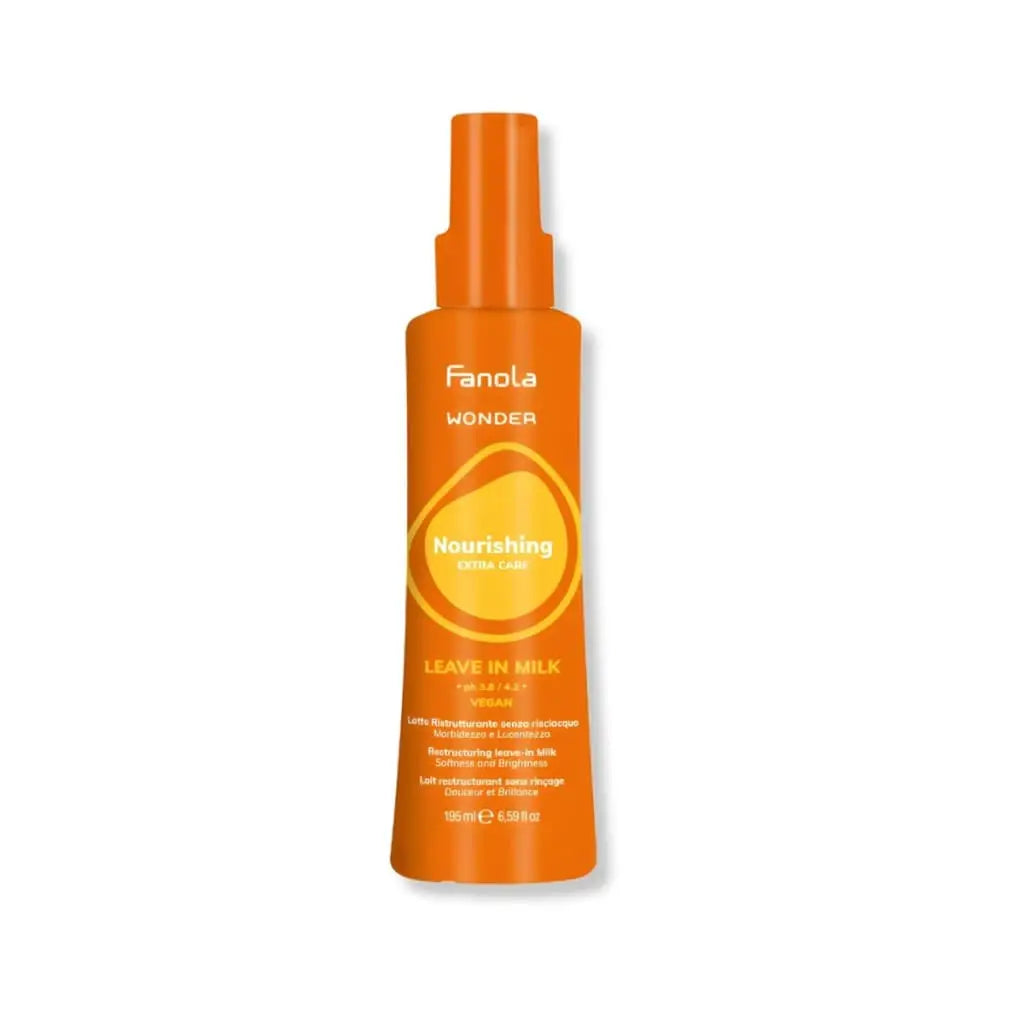 Fanola Wonder Nourishing Leave-in Hair Milk Spray for Damaged Hair Repair & Shine. 195ml bottle close-up.