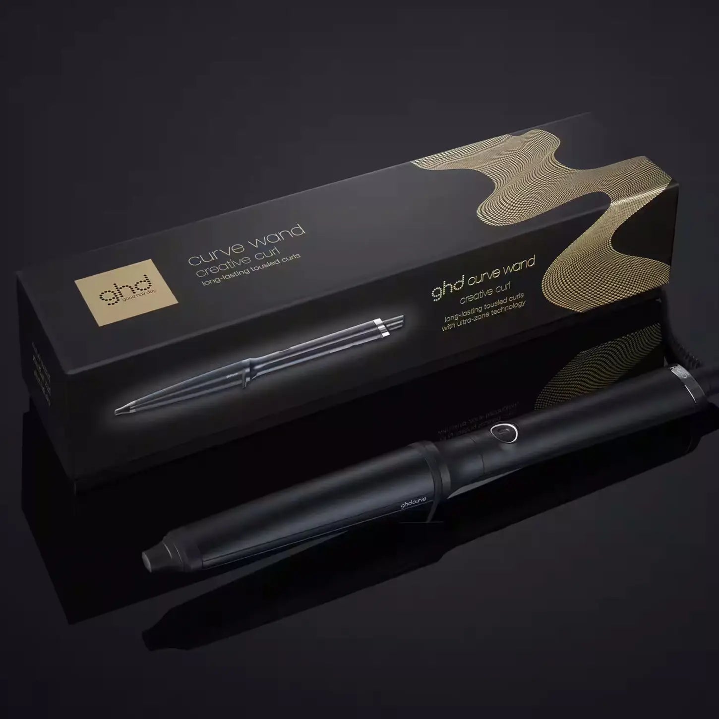 GHD Curve Creative Curl Wand: Achieve Deep Waves & Lasting Curls. Premium Hair Styler. Black wand and box.