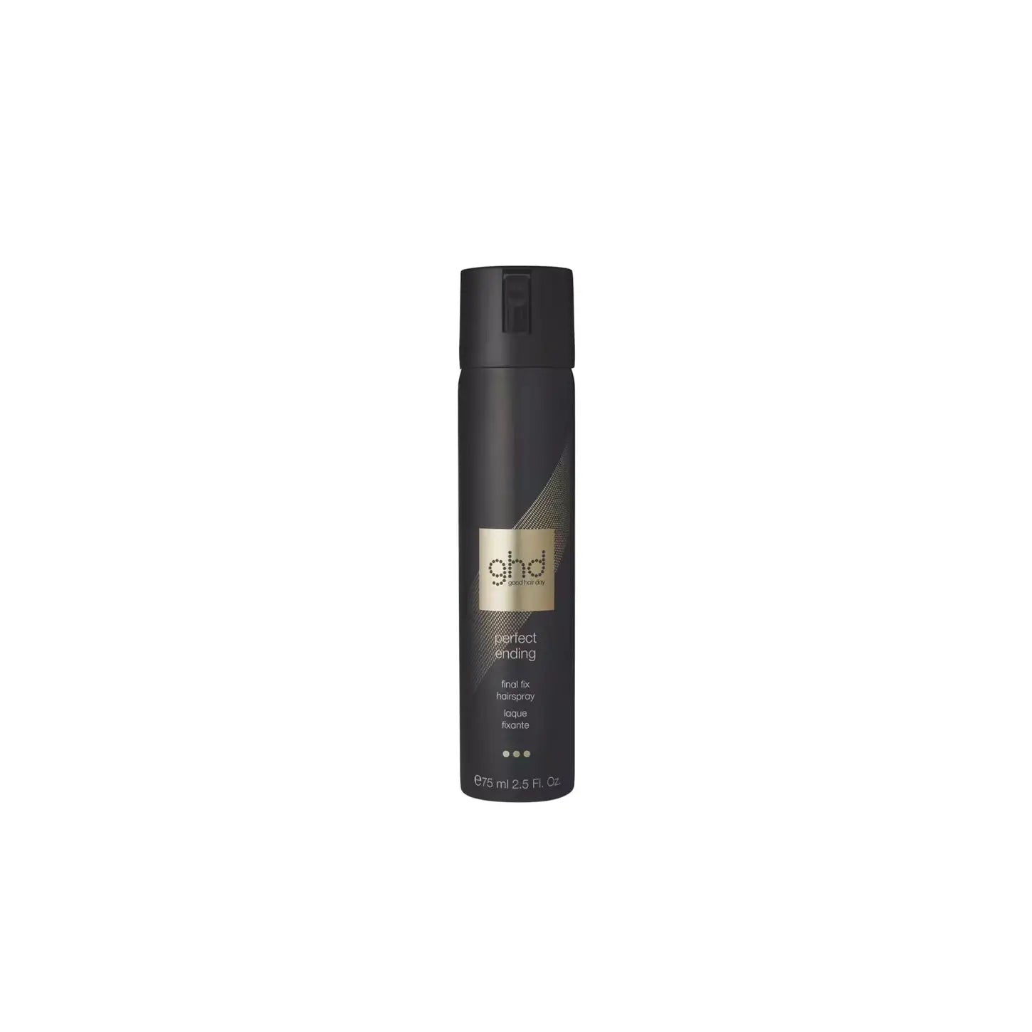 Black aerosol spray can with gold label for ghd Perfect Ending Final Fix Hairspray 75ml