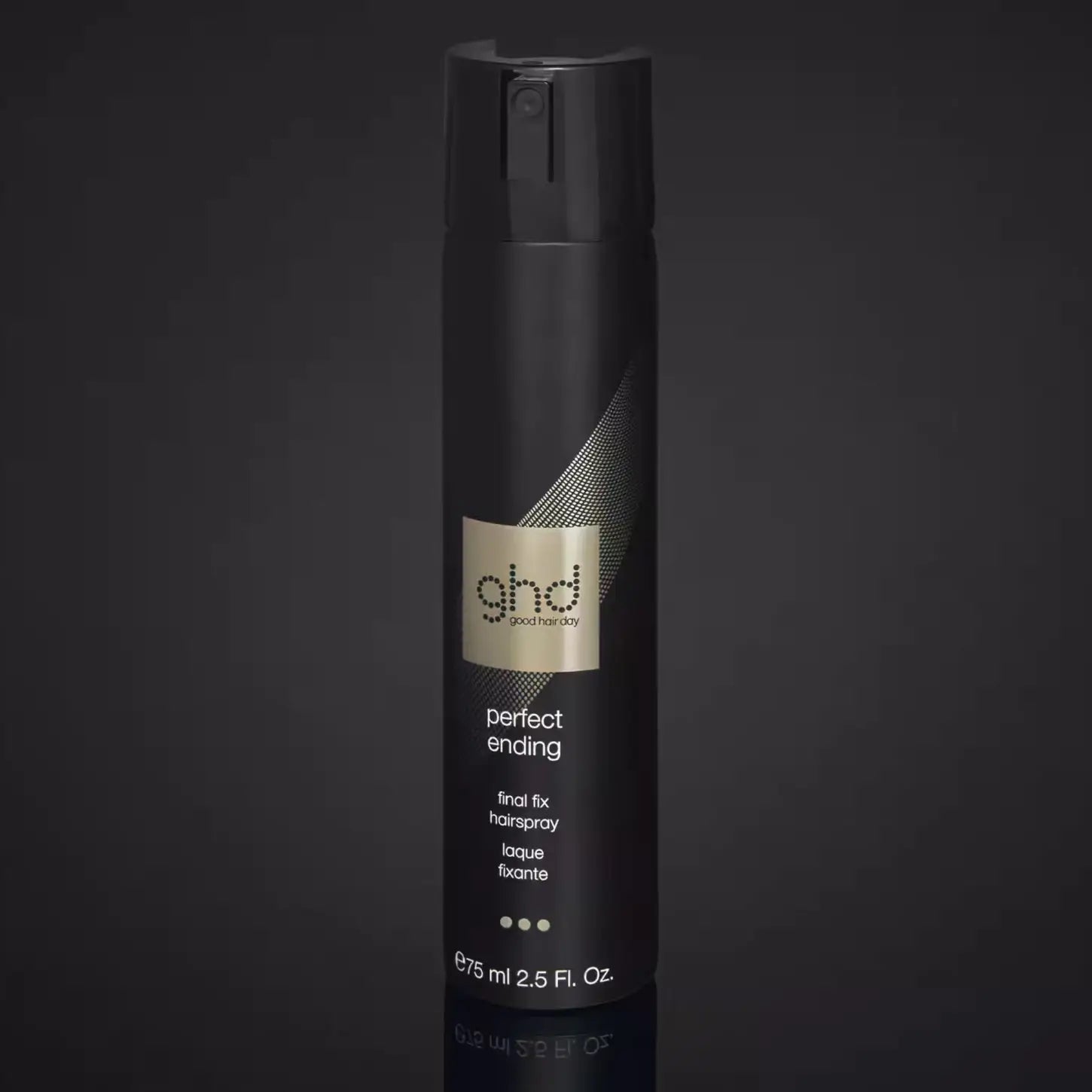 Black cylindrical bottle of ghd Perfect Ending Final Fix Hairspray 75ml on display