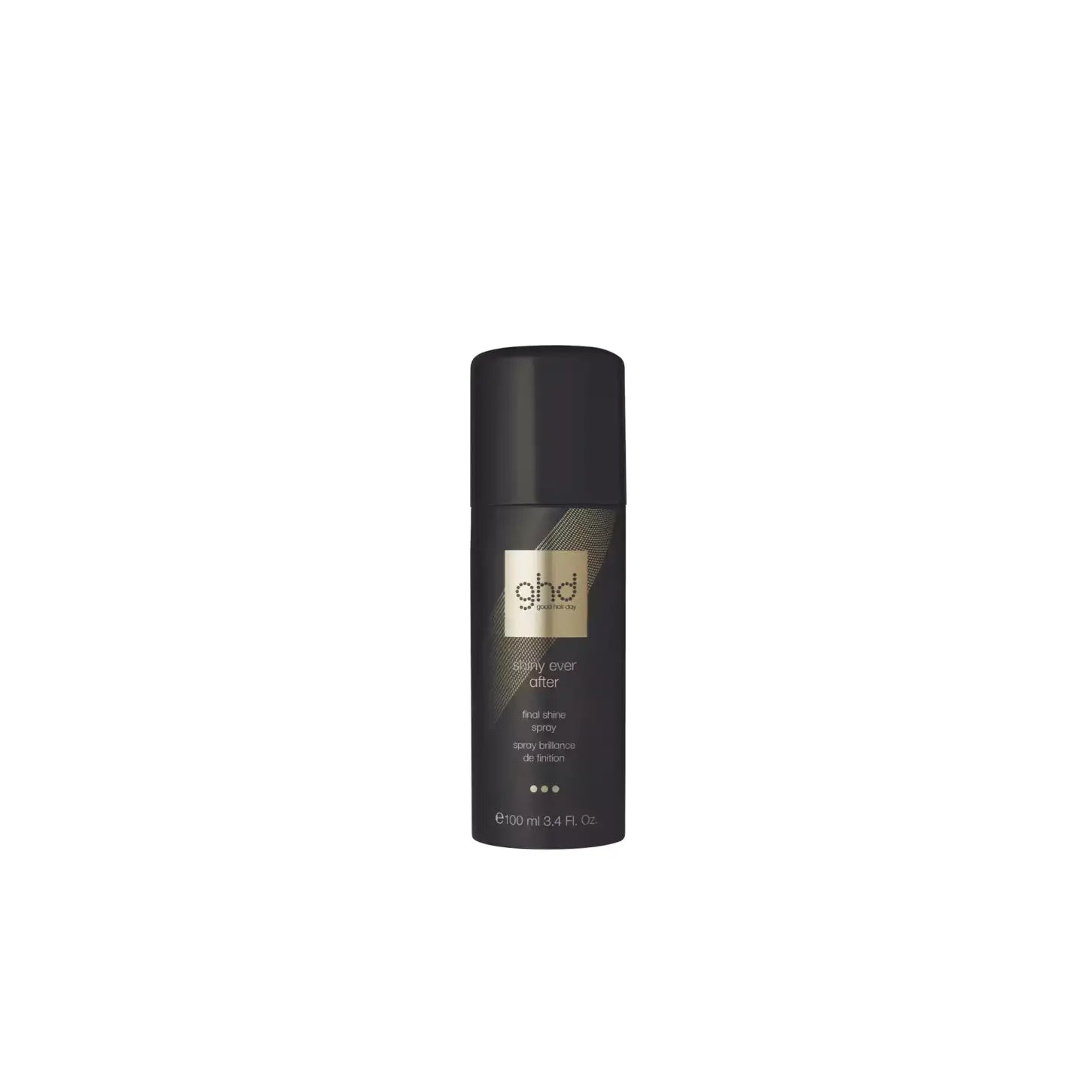 Black aerosol can of GHD Shiny Ever After Final Shine Spray for instant all-over shine
