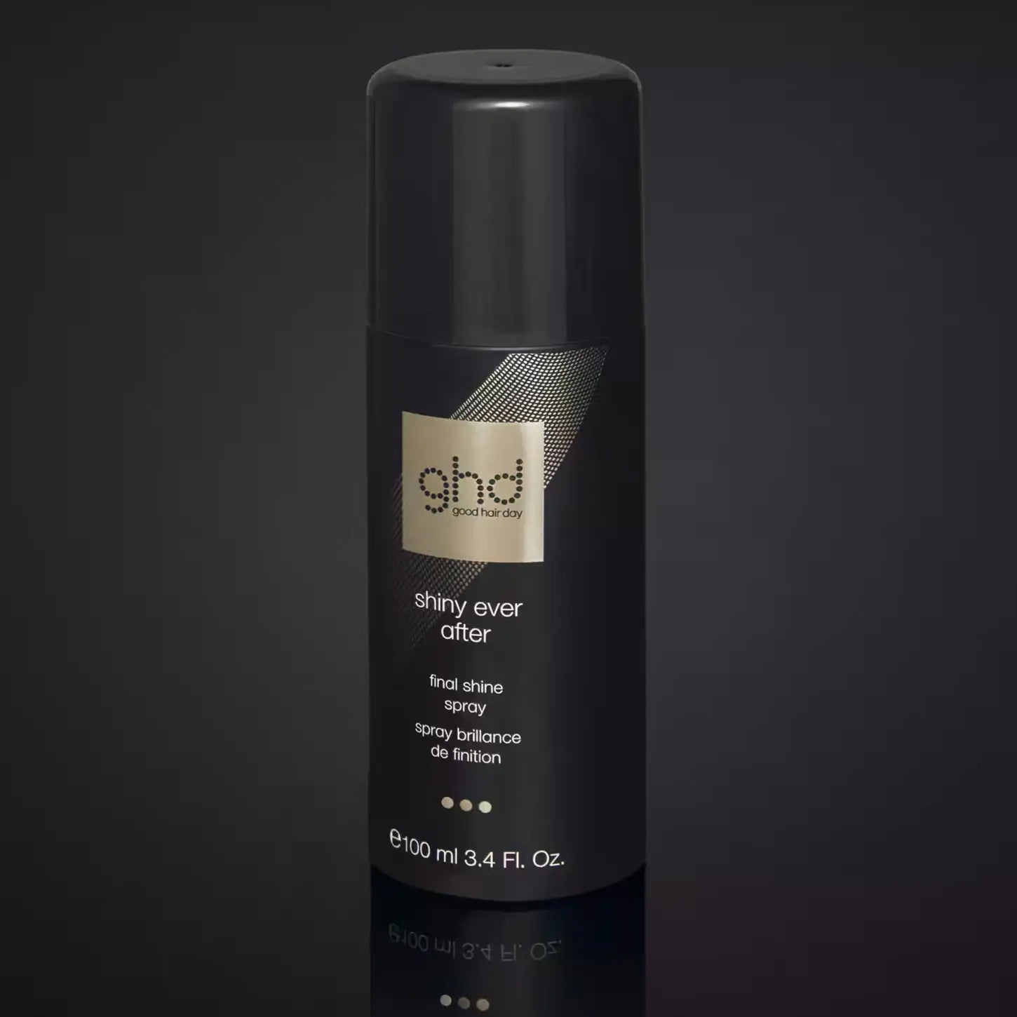Black canister of ghd Shiny Ever After Final Shine Spray for instant all-over shine
