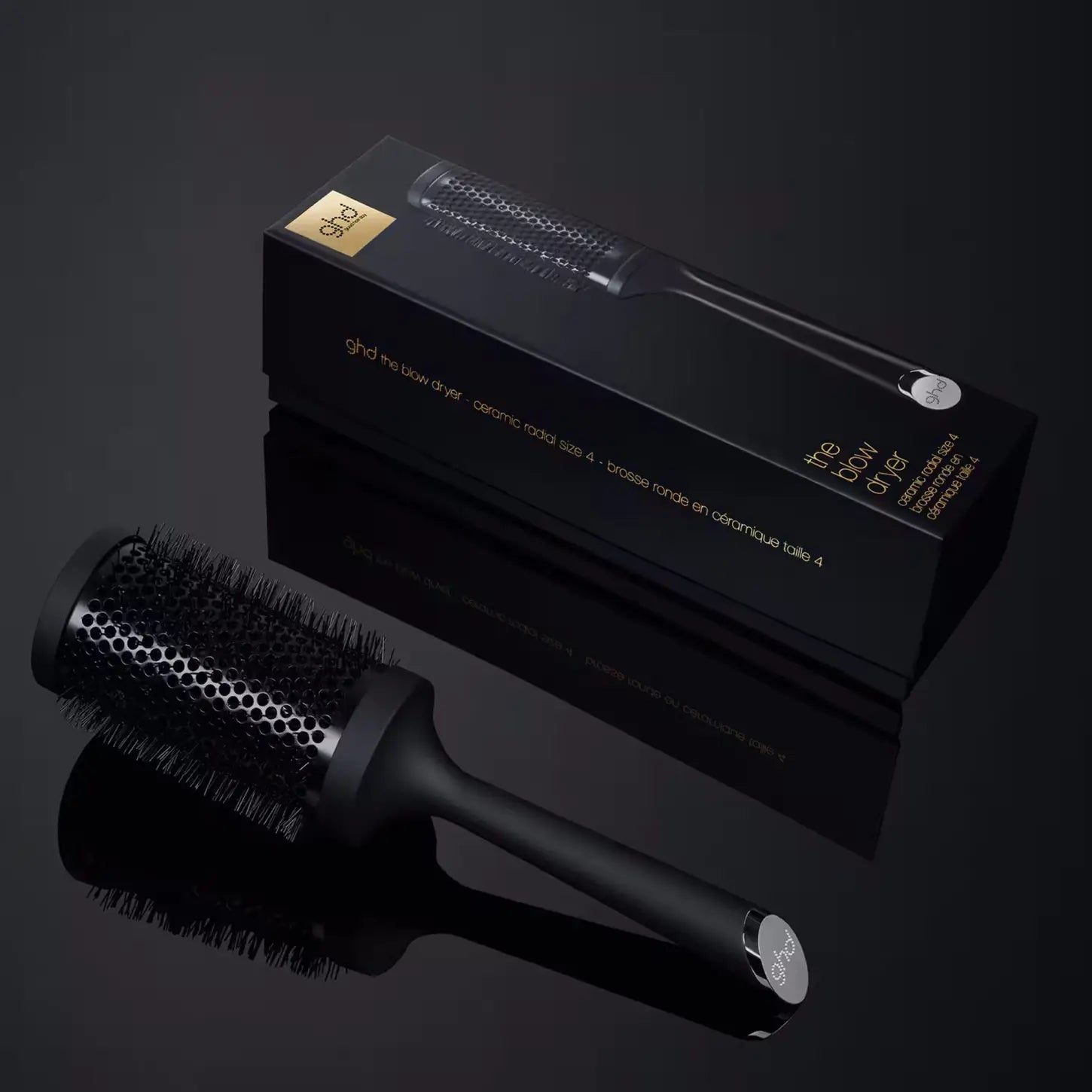 GHD Blow Dryer Radial Brush Size 4: 55mm Ceramic Barrel. Styling brush & package.