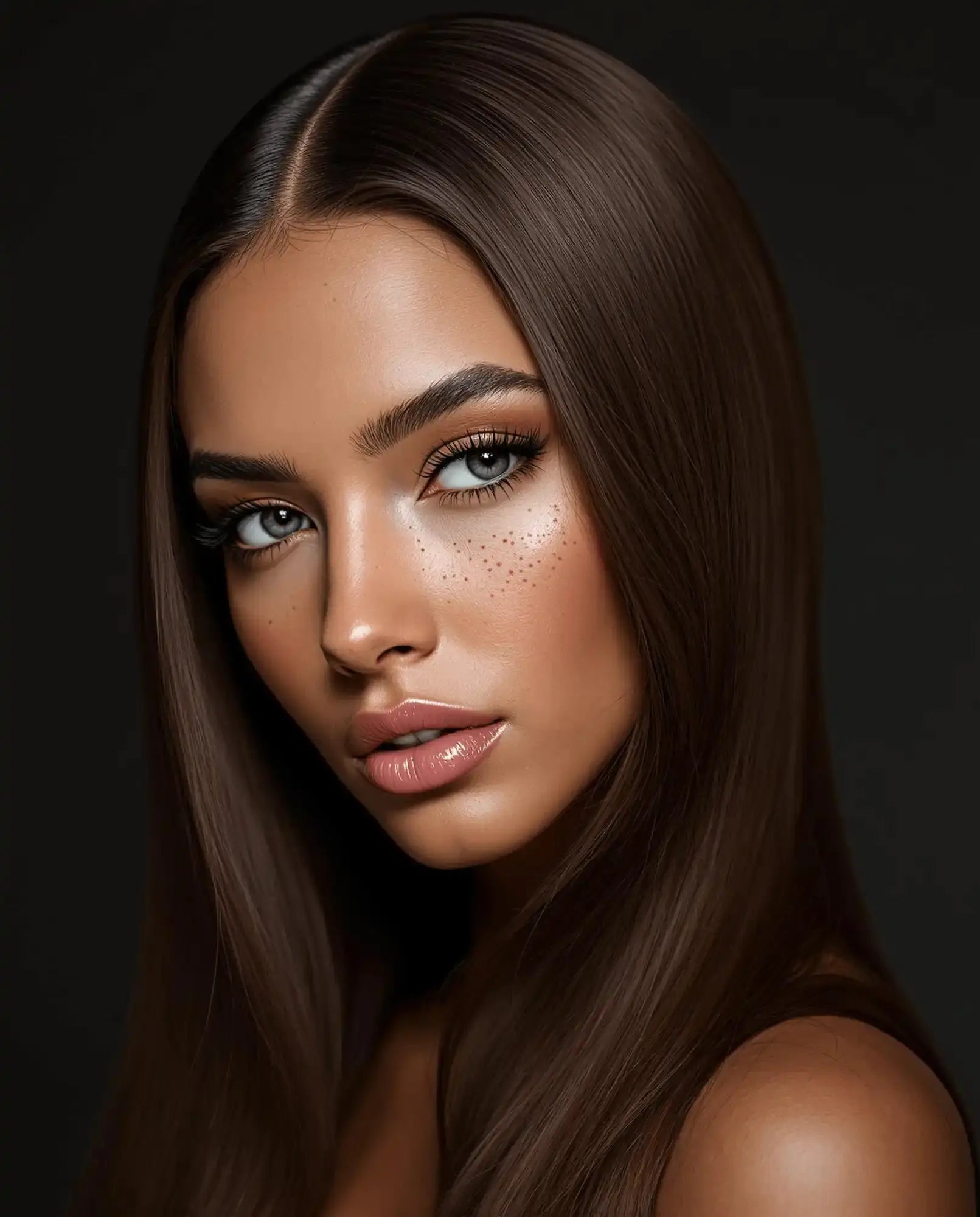 Glamorous woman with sleek brown hair.