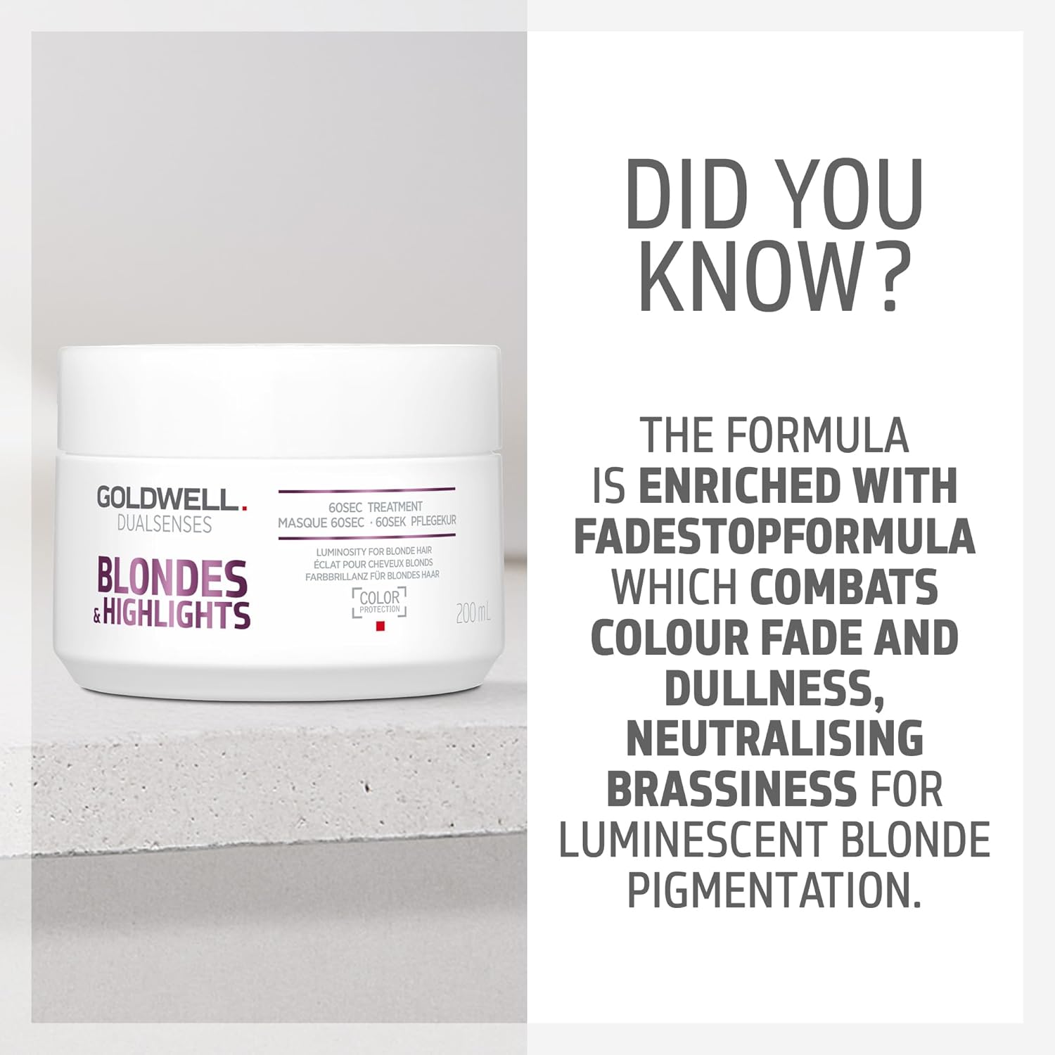 Goldwell Dualsenses Blondes & Highlights Anti-Yellow 60sec Treatment 6.8oz, 200mL neutralizes yellow tones for luminous blondes.