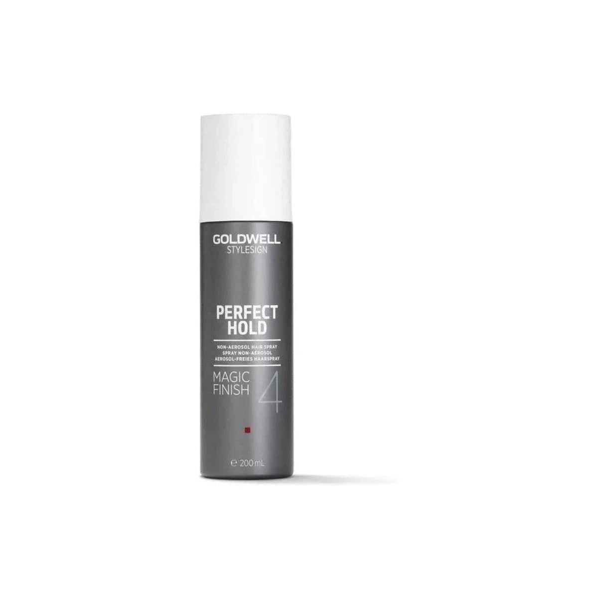 Goldwell Magic Finish non-aerosol hair spray bottle labeled ’Perfect Hold Magic Finish 4’