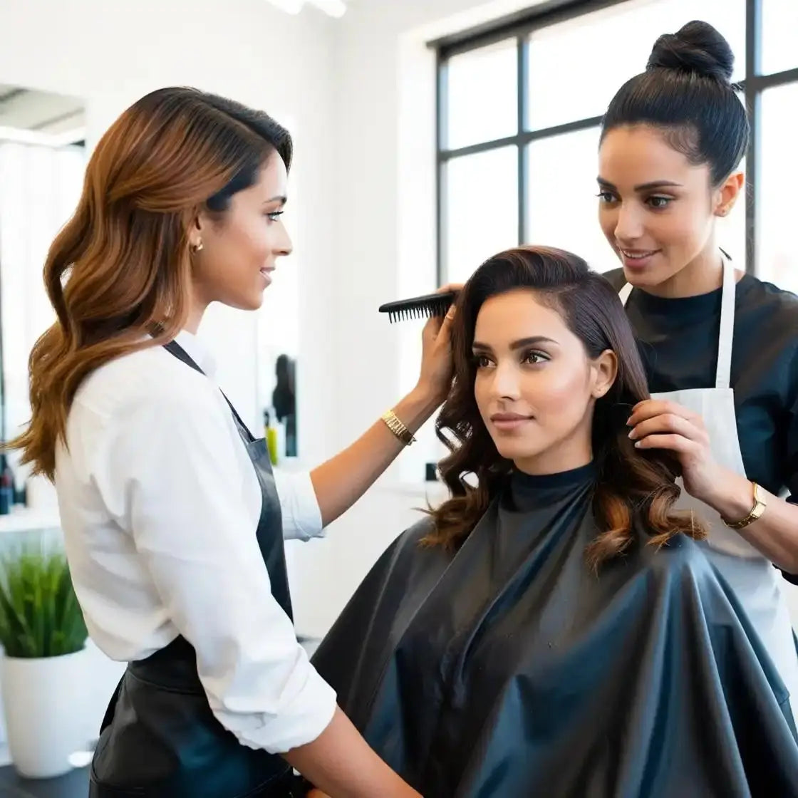 Hair stylists working on a client’s hair at a salon.