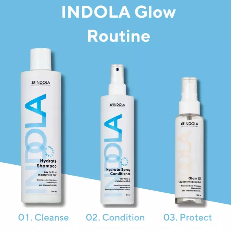 Indola Glow Routine: Hydrate Shampoo, Conditioner, Glam Oil. Hair care for shine & hydration. #Indola #HairRoutine