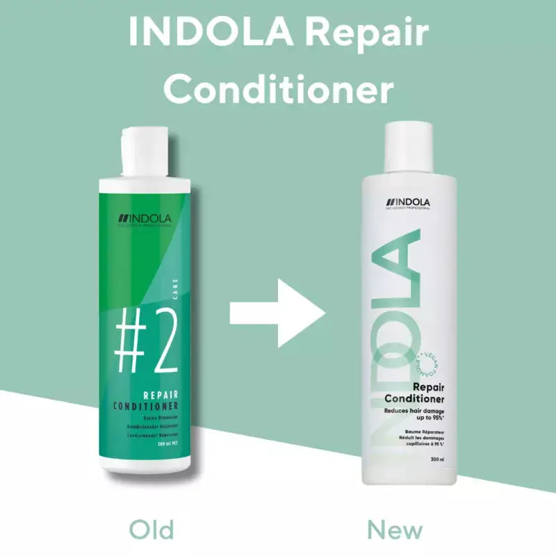 Indola Repair Conditioner: Old vs New Packaging. Compare Revamp for Damaged Hair.