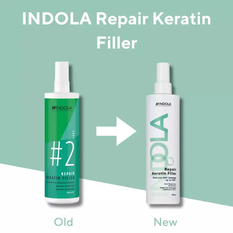 INDOLA Repair Keratin Filler: Old vs New Packaging. Hair repair treatment for damaged hair. Compare before & after.
