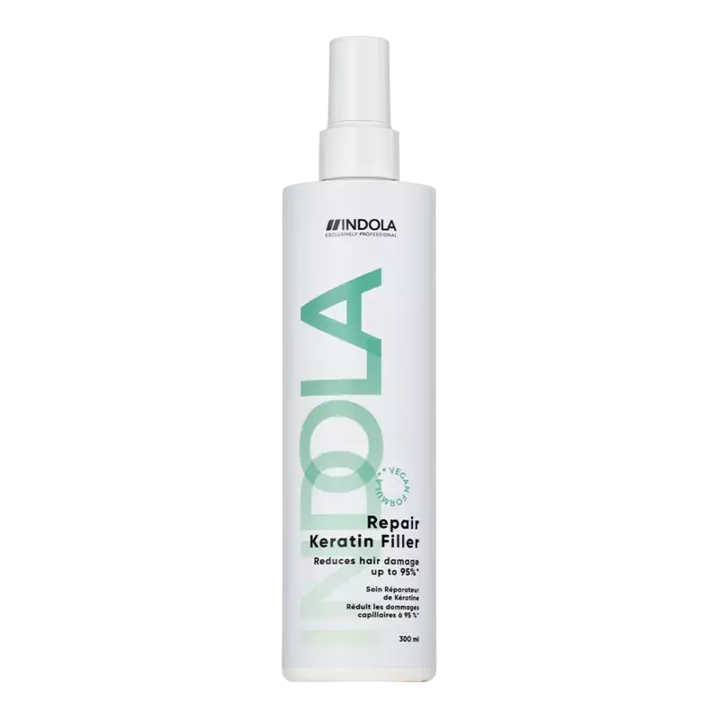 Indola Repair Keratin Filler: Intensive hair repair for damaged hair, 300ml spray bottle.