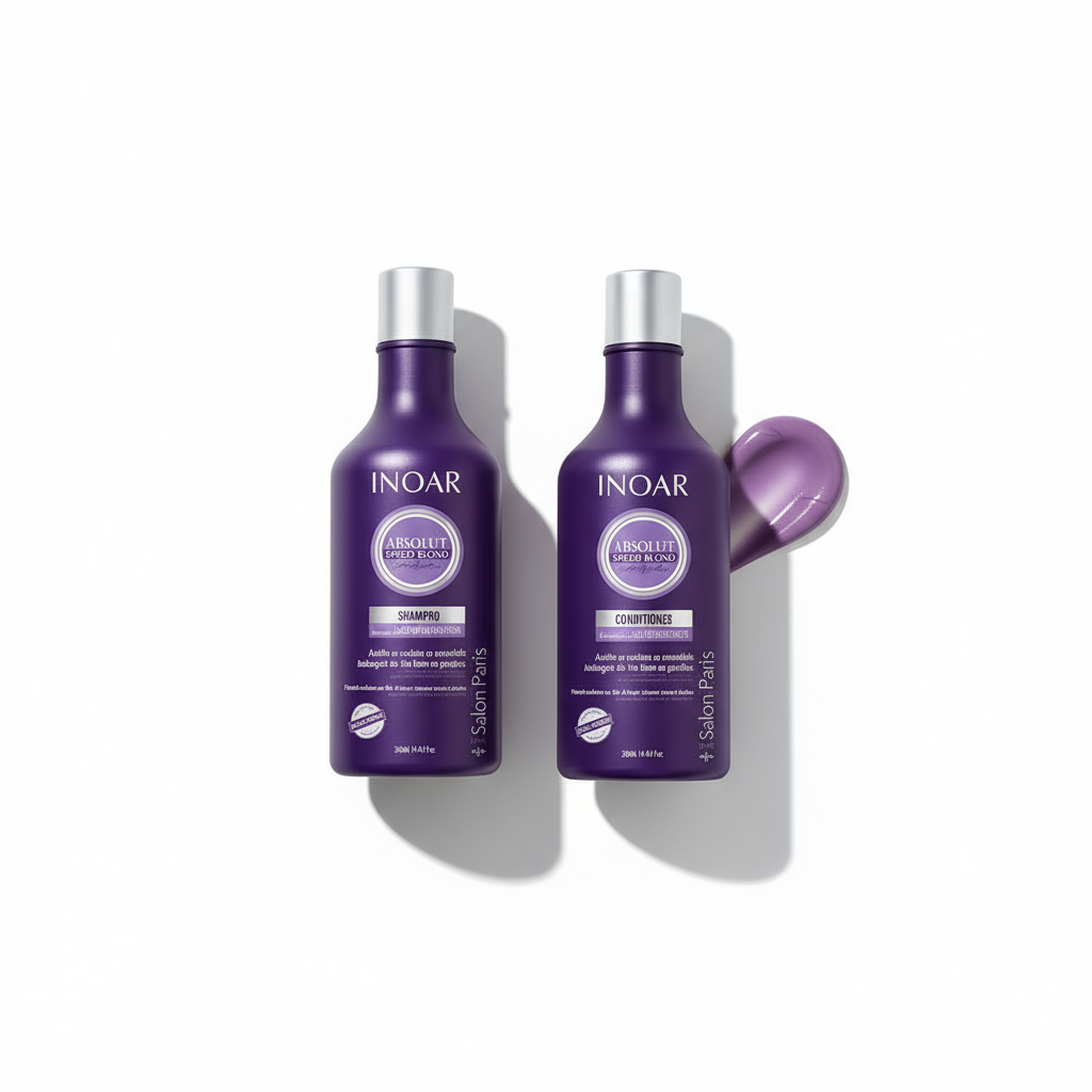 Inoar Absolut Speed Blond bundle shampoo and conditioner bottles with purple packaging for blond hair care