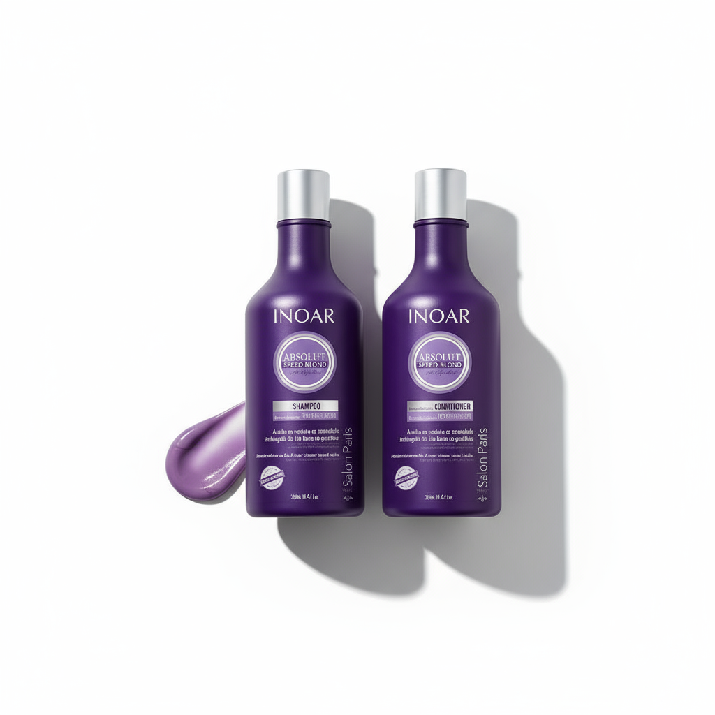 Inoar Absolut Speed Blond bundle shampoo and conditioner set in purple bottles for blond hair care