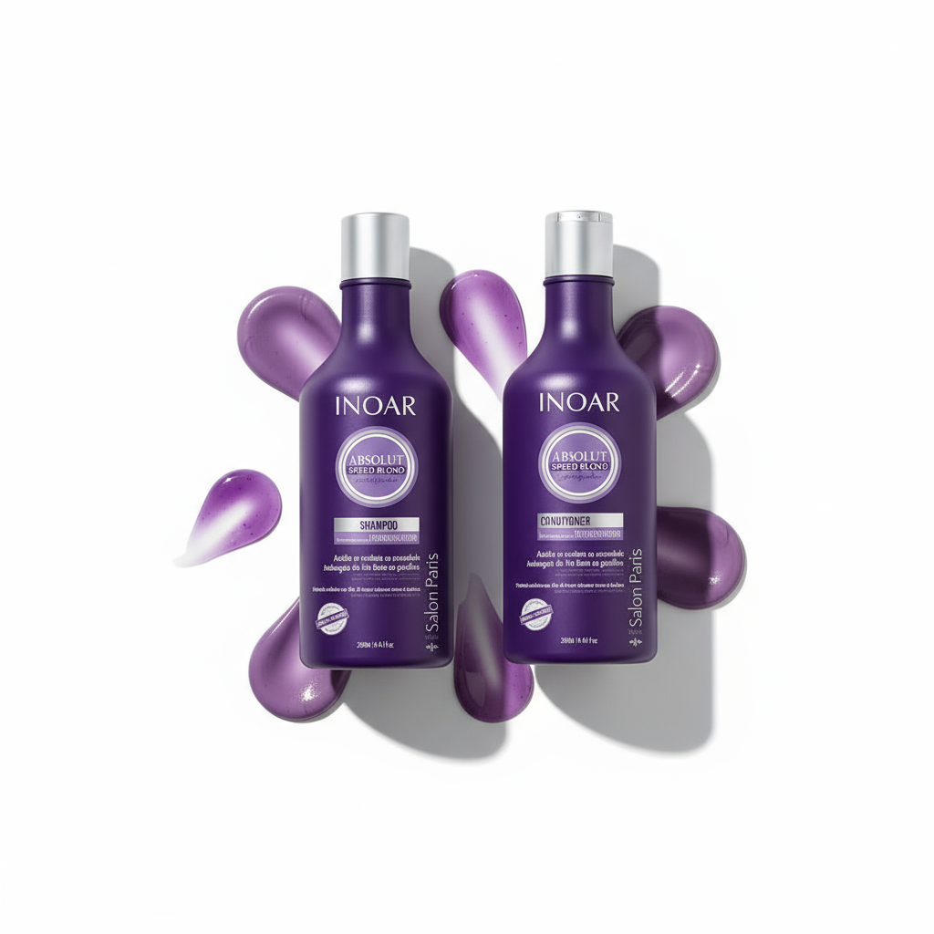 Inoar Absolut Speed Blond bundle purple shampoo and conditioner bottles with product swatches