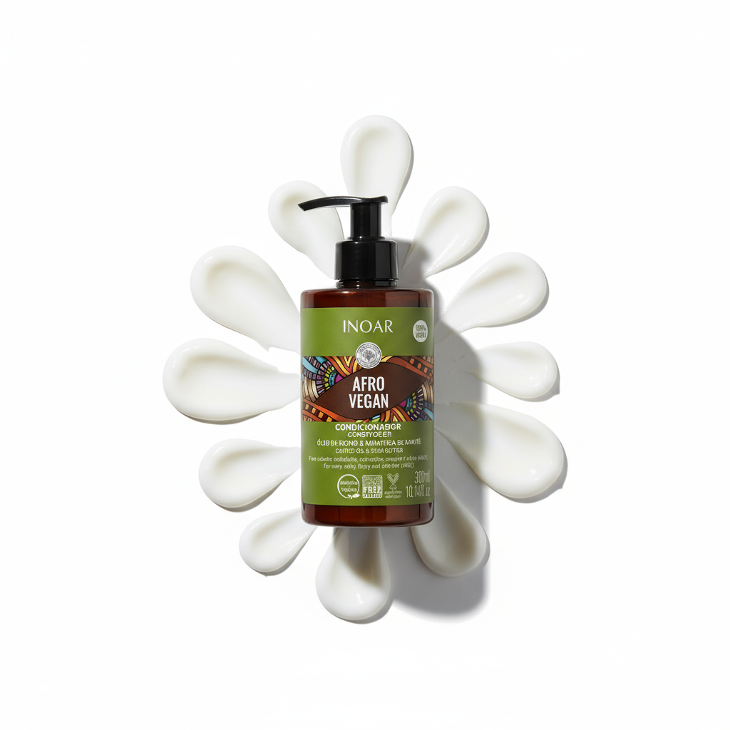 Inoar Afro Vegan Conditioner bottle with lotion texture spread in a flower shape on white background