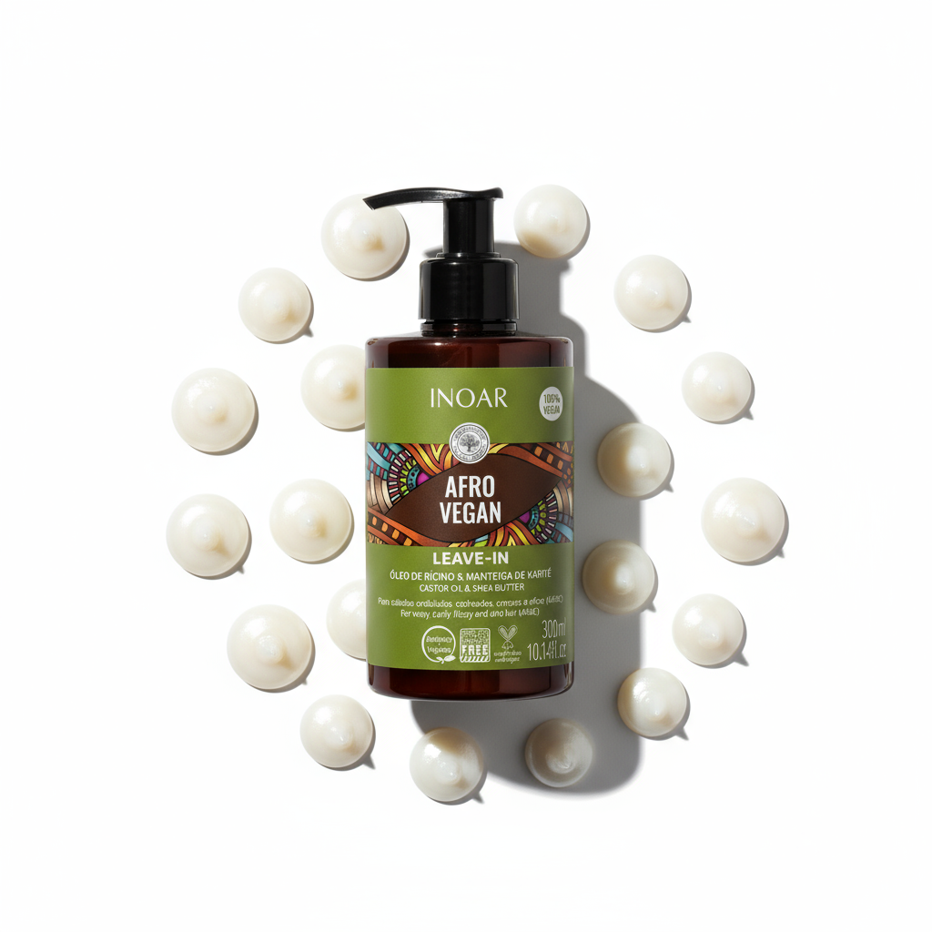Inoar Afro vegan leave-in treatment for curly hair bottle with pump surrounded by cream dots
