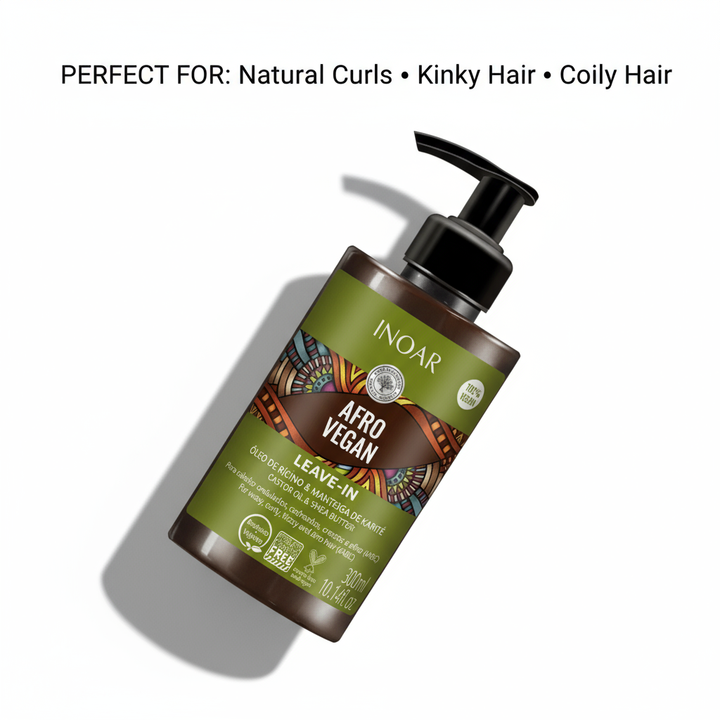 Inoar Afro vegan leave-in treatment for curly hair in a pump bottle for natural curls kinky and coily hair