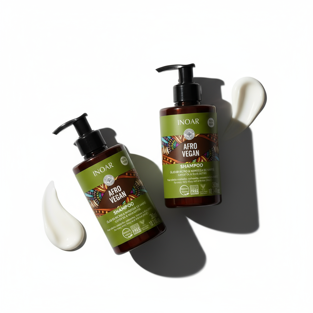 Inoar Afro Vegan shampoo and conditioner bundle with green labels and pump bottles for hair care