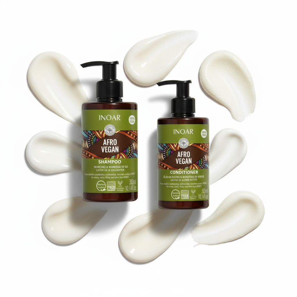 Inoar Afro Vegan shampoo and conditioner bundle with creamy shampoo and conditioner swatches