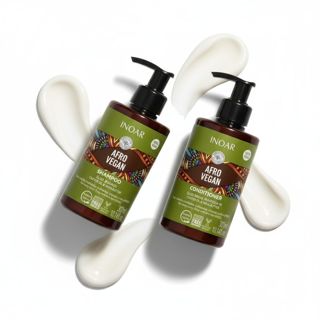 Inoar Afro Vegan shampoo and conditioner bundle with pump bottles and creamy texture on white background