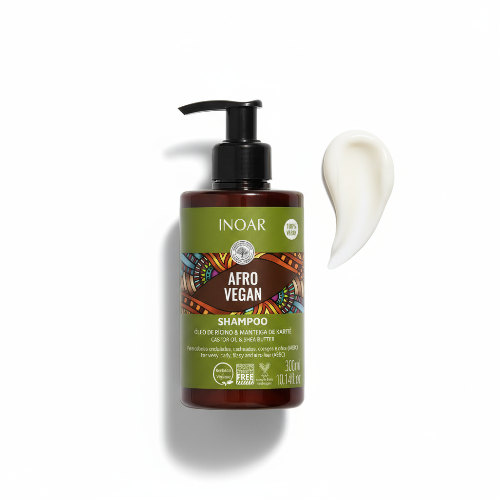 Inoar afro vegan shampoo for curls with castor oil and shea butter in a pump bottle and cream texture