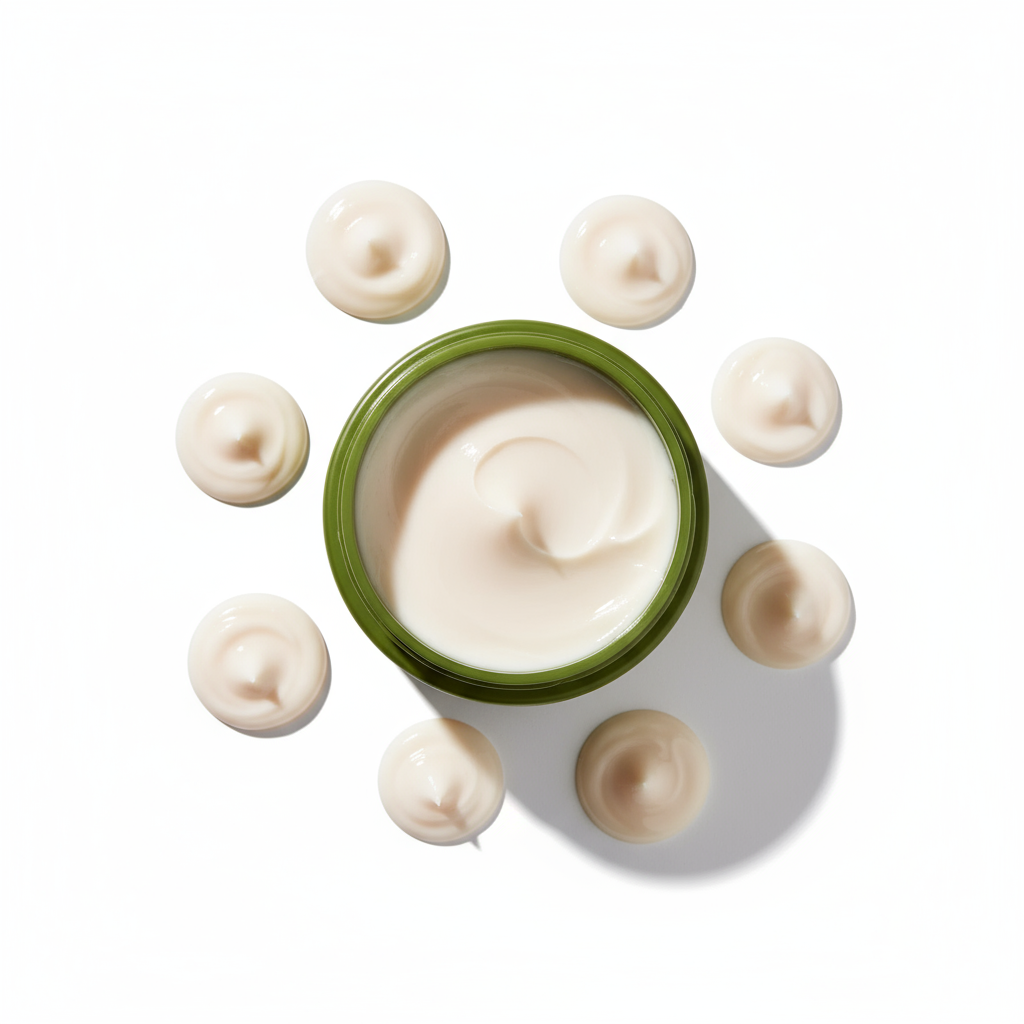 Open jar of Inoar Argan Moisture Mask cream with surrounding dollops of smooth moisturizing mask