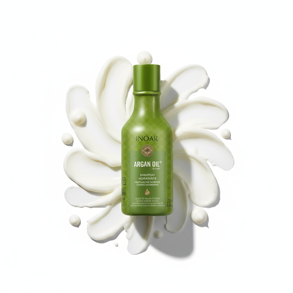 Inoar argan moisturizing shampoo green bottle with creamy white product background