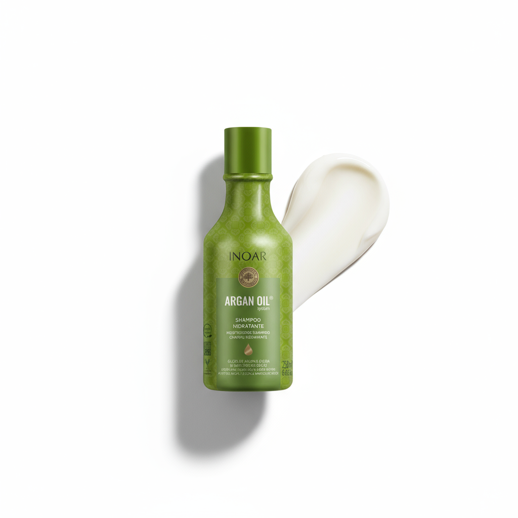 Inoar argan moisturizing shampoo green bottle with cream texture swatch on white background