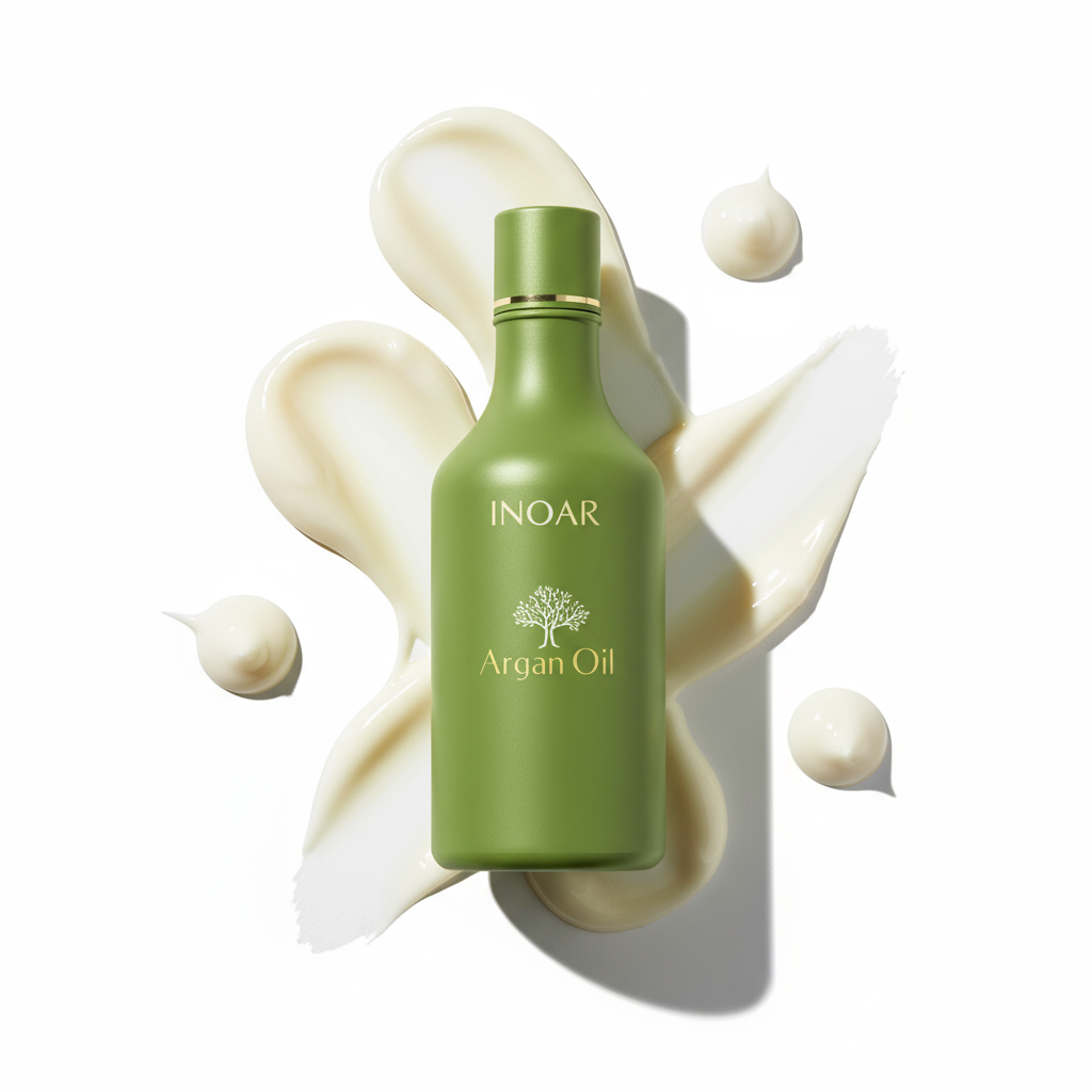 Inoar argan oil conditioner for dry hair in green bottle with creamy product swatches on white background