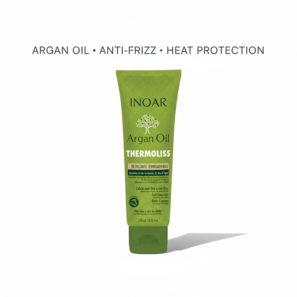Inoar Argan Oil Thermoliss Anti-Frizz Balm green tube with heat protection and anti-frizz formula