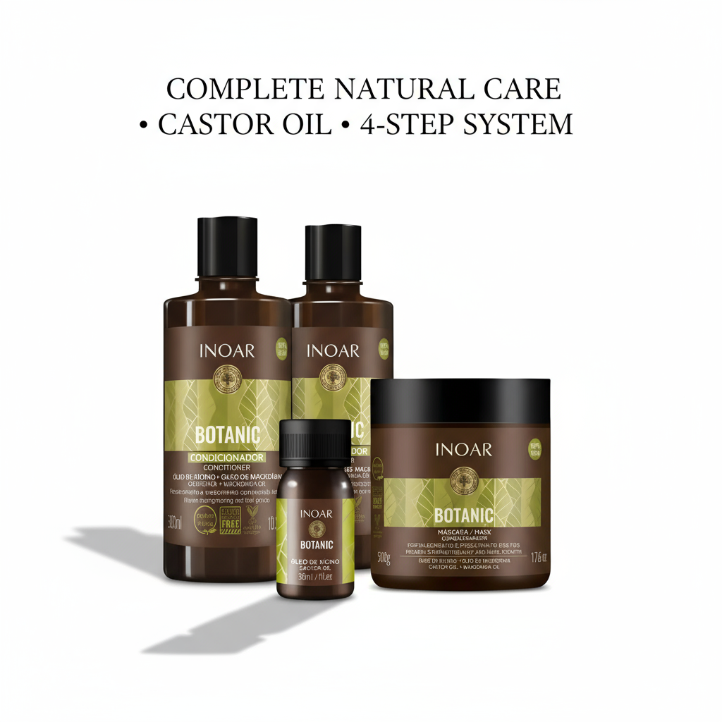 Inoar Botanic Complete Natural Care Bundle with castor oil featuring a 4-step hair care system