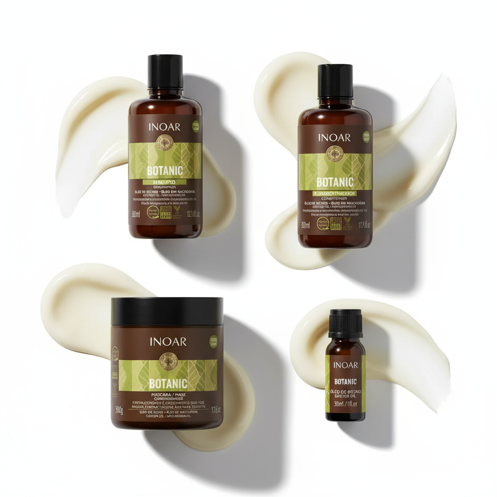Inoar Botanic Complete Natural Care Bundle with shampoo, conditioner, hair mask, and treatment oil bottles