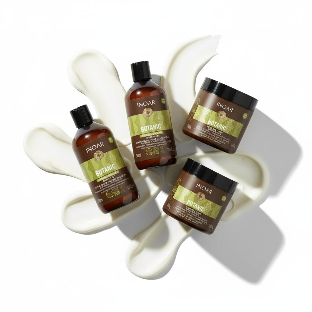 Inoar Botanic Complete Natural Care Bundle with shampoo and hair masks on white cream background