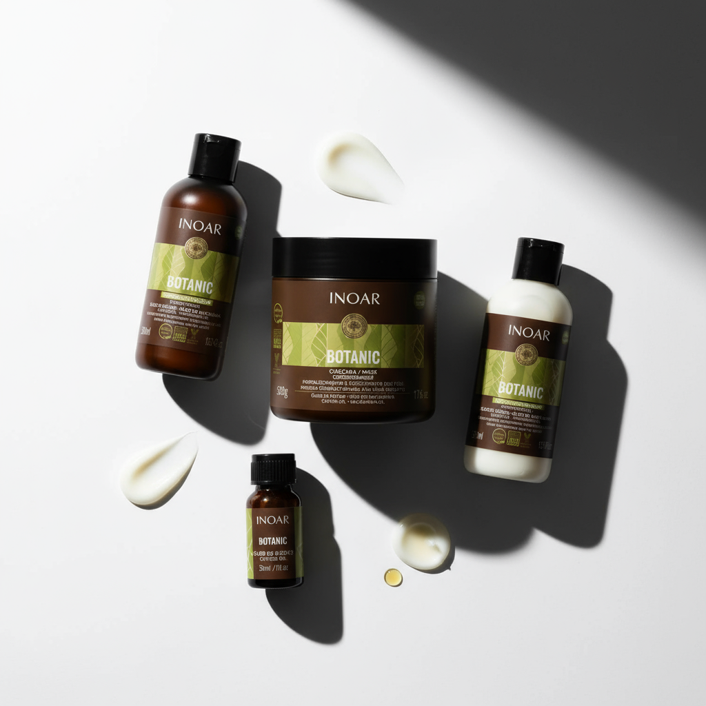 Inoar Botanic Complete Natural Care Bundle with shampoo, conditioner, hair mask, and oil on white background