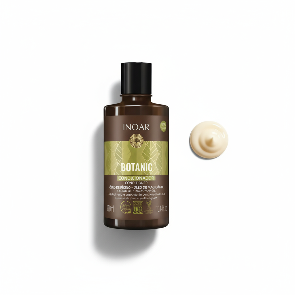 Inoar botanic conditioner with castor oil in brown bottle with black cap and creamy texture sample